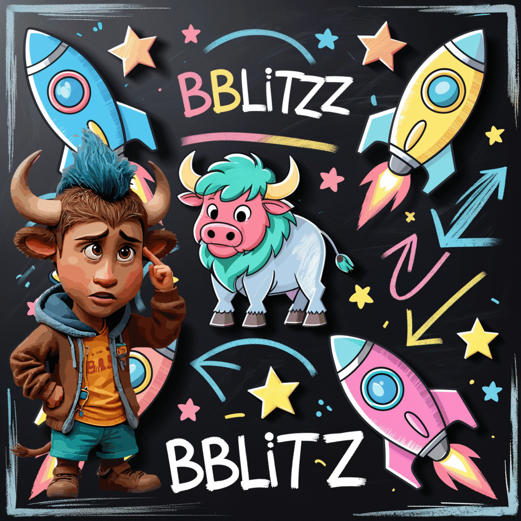 Chalkboard with colorful chalk drawings of rockets, tokens, stars, and the BBLITZZ logo, representing Lil Blitz’s creative plan.