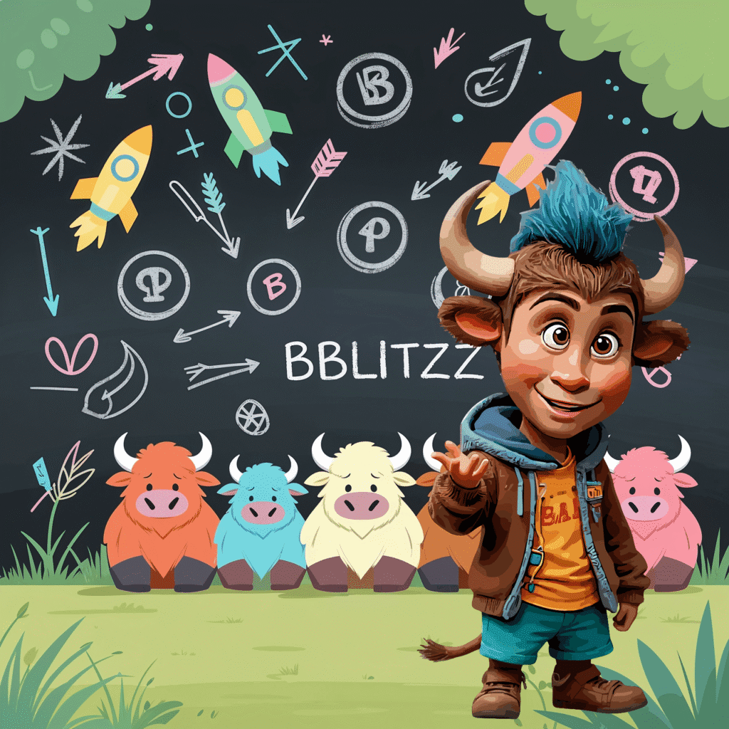 A cartoon-style group of bison gathered together in a friendly circle, representing a growing crypto community.