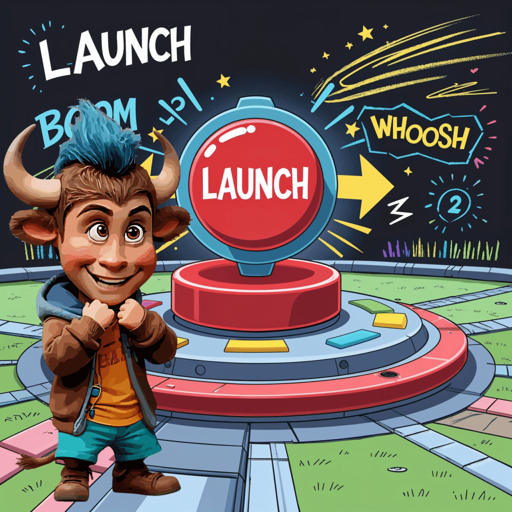 A colorful cartoon control room with a giant red launch button in the center, surrounded by lights, screens, and excitement.