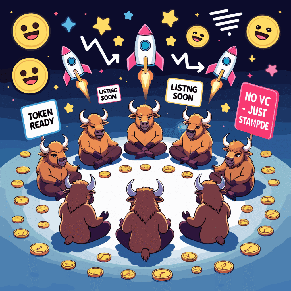 Vector illustration of cartoon bisons meditating in a circle with rockets, crypto coins, and launch signs like “Token Ready” and “No VC – Just Stampede”; one bison holds a giant launch button while others celebrate with party hats and boomboxes, surrounded by stars, charts, and emojis.