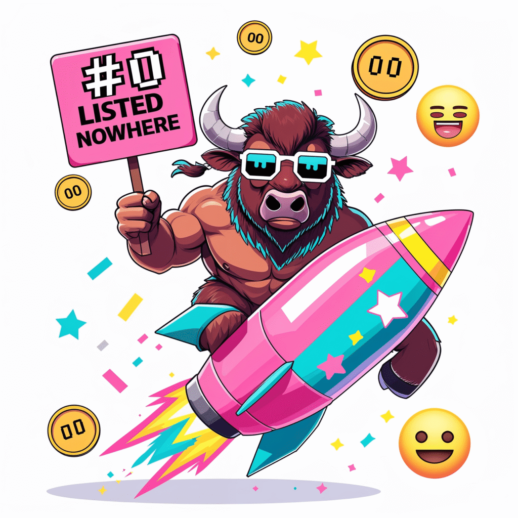 Cartoon-style bison with pixel sunglasses flying on a rocket made of confetti, holding a “#0 Listed Nowhere” sign, surrounded by meme emojis, coins, and neon charts, in a flat pastel vector style.